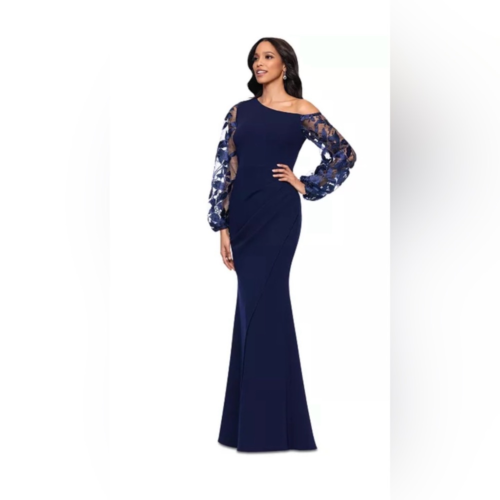 Betsy & Adam Navy Blue One Shoulder Sheer Embroidered Long Sleeve Size 8 $279